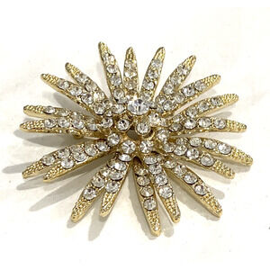 Statement Brooch gold tone starburst splash white rhinestones vintage retro pin